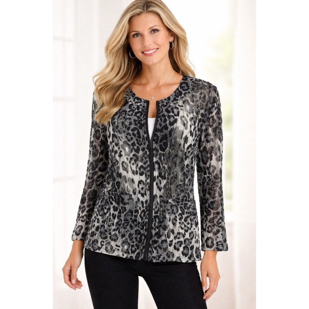 Peck & Peck Gray Leopard Print Sheer Mesh Zip Up Pleated Jacket XL Animal Print